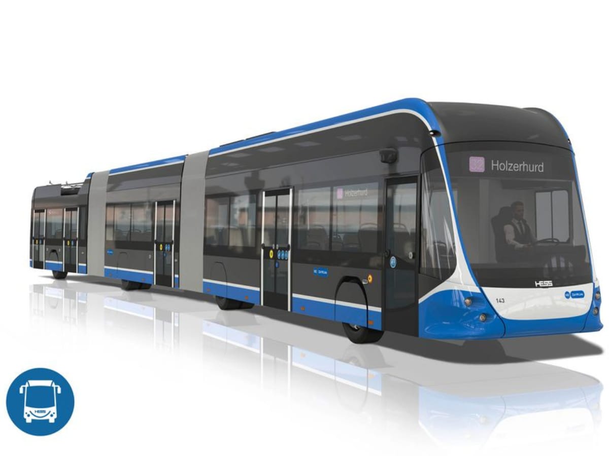 HESS rubber-tyred electric tram in blue and white livery, multi-articulated